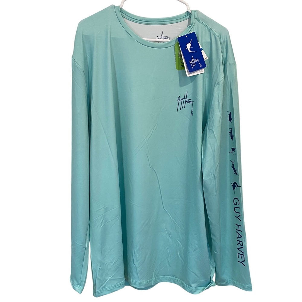Guy Harvey Mens XL Performance Long Sleeve Shirt‎ Beach Aqua Fishing Marlin New